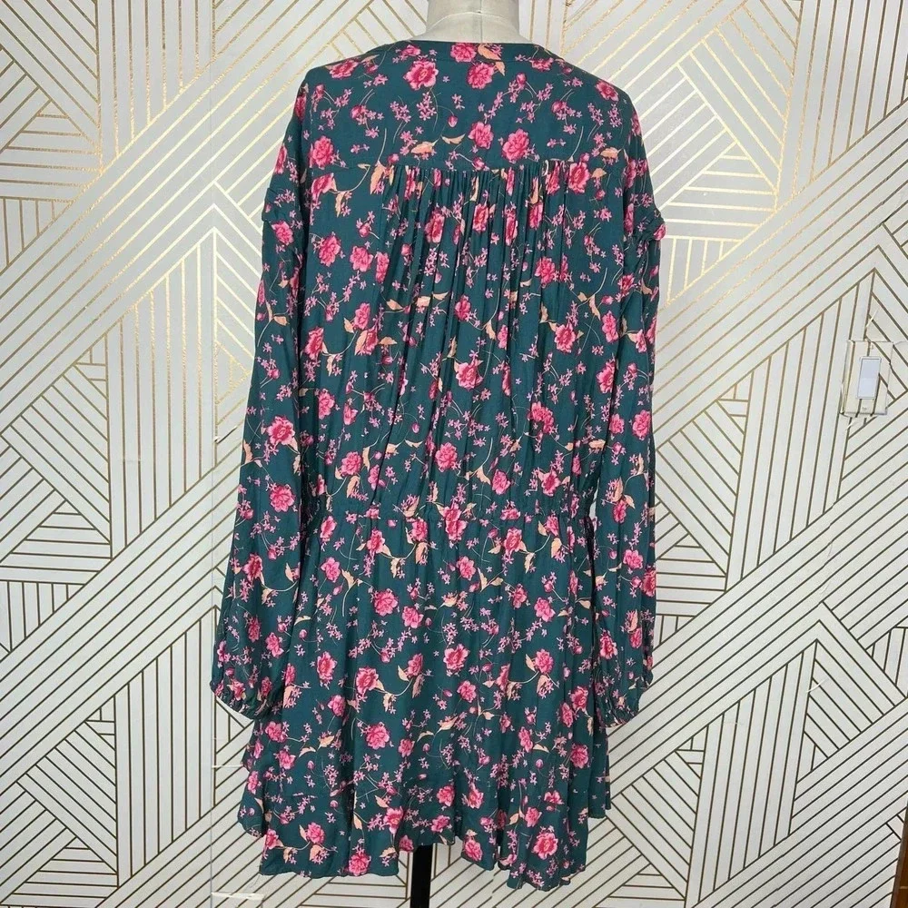 Free People Flower Fields Mini Dress Green Pink Floral Print Size‎ Medium